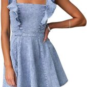 Women's Summer Dresses Square Neck Casual Short Sleeves Crossover Elastic Waist Party Mini Dress