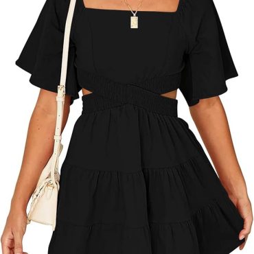 Memoriesea Women's Basic Bodycon Ruffle Flared Short Sleeve Pencil Midi Dress