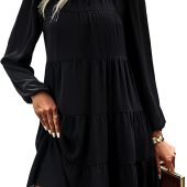 Kaximil Women's Crew Neck Long Sleeve Corset Mini Dress Ruffle Hem Short Party Club Dresses