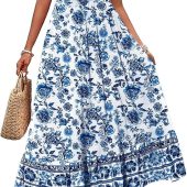 Zeagoo Womens Midi Dress Summer Short Sleeve Dress with Pockets 2025 Casual Floral T-Shirt Dress Flowy Beach Sundress