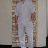 Men"s Linen Summer Set, Long Trousers and Slim Fit T-Shirt, Pants with Elastic and Tie waistband, Side pockets, Comfortable Outfit Costume