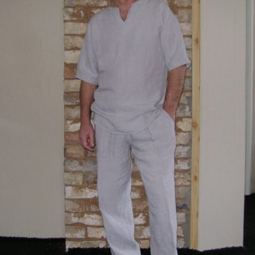 Men"s Linen Summer Set, Long Trousers and Slim Fit T-Shirt, Pants with Elastic and Tie waistband, Side pockets, Comfortable Outfit Costume