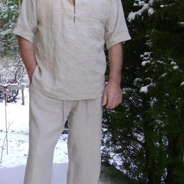 Mens Linen Shirt and Pants, Summer Set, Trouser with Drawstring and Elastic Waist and Side Pocket, Short Sleeve Shirt with Small Collar,